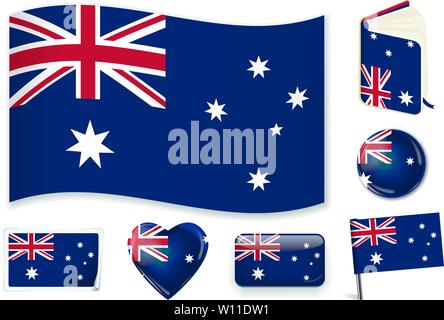 Australian national flag. Vector illustration. 3 layers. Shadows, flat flag, lights and shadows. Collection of 220 world flags. Accurate colors. Easy changes. Stock Vector