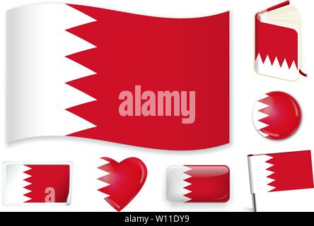 Bahrain national flag. Vector illustration. 3 layers. Shadows, flat flag, lights and shadows. Collection of 220 world flags. Accurate colors. Easy changes. Stock Vector