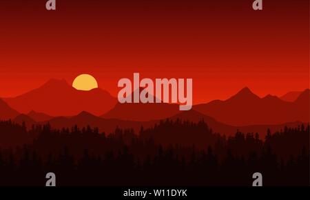 Realistic illustration of mountain landscape with coniferous forest under red morning or evening sky with orange rising or setting sun and space for t Stock Vector
