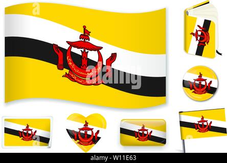 Brunei national flag. Vector illustration. 3 layers. Shadows, flat flag, lights and shadows. Collection of 220 world flags. Accurate colors. Easy changes. Stock Vector