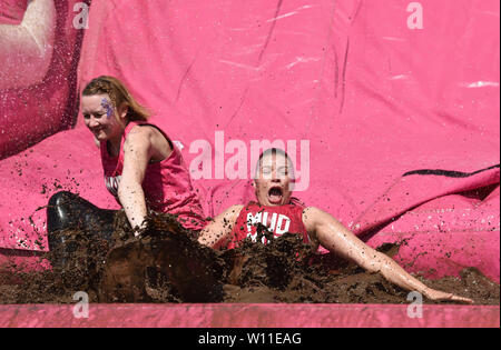 Brighton UK 29th June 2019 - Over a thousand take part in hot sunny heatwave conditions in the Cancer Research UK Pretty Muddy event in Stanmer Park Brighton . Participants run an obstacle course with mud baths included en route raising money for the charity on what is predicted to be the hottest day of the year so far . Credit: Simon Dack / Alamy Live News Stock Photo