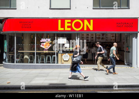 The exterior frontage of Leon fast food restaurant, Zinc House, Cowcross Street, London, EC1, U.K. Stock Photo