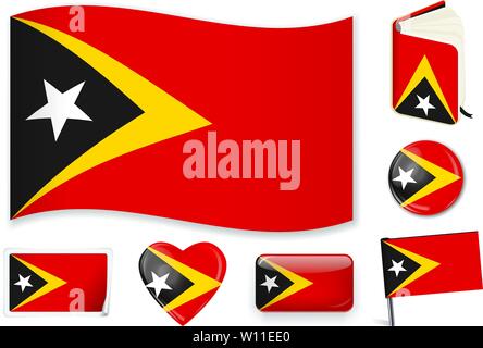 East Timor national flag. Vector illustration. 3 layers. Shadows, flat flag, lights and shadows. Collection of 220 world flags. Accurate colors. Easy changes. Stock Vector