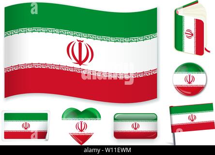 Iran. Irani national flag. Vector illustration. 3 layers. Shadows, flat flag, lights and shadows. Collection of 220 world flags. Accurate colors. Easy changes. Stock Vector