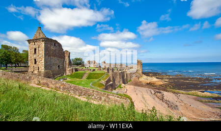 ST ANDREWS FIFE SCOTLAND THE CASTLE RUINS WITH PEOPLE INSIDE THE GROUNDS  IN EARLY SUMMER Stock Photo