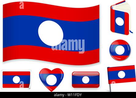 Laos. Laosian national flag. Vector illustration. 3 layers. Shadows, flat flag, lights and shadows. Collection of 220 world flags. Accurate colors. Easy changes. Stock Vector