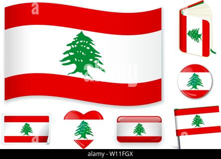 Lebanon. Lebanese national flag. Vector illustration. 3 layers. Shadows, flat flag, lights and shadows. Collection of 220 world flags. Accurate colors. Easy changes. Stock Vector