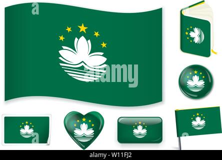 Macau national flag. Vector illustration. 3 layers. Shadows, flat flag, lights and shadows. Collection of 220 world flags. Accurate colors. Easy changes. Stock Vector