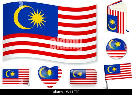 Malaysia. Malaysian national flag. Vector illustration. 3 layers. Shadows, flat flag, lights and shadows. Collection of 220 world flags. Accurate colors. Easy changes. Stock Vector