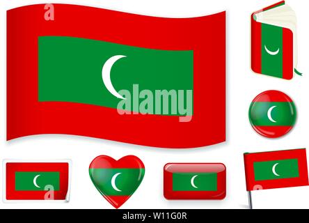 Maldives national flag. Vector illustration. 3 layers. Shadows, flat flag, lights and shadows. Collection of 220 world flags. Accurate colors. Easy changes. Stock Vector