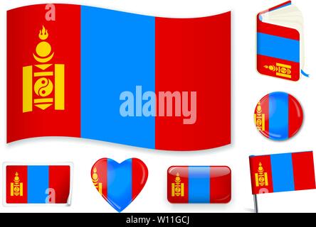 Mongolia. Mongolian national flag. Vector illustration. 3 layers. Shadows, flat flag, lights and shadows. Collection of 220 world flags. Accurate colors. Easy changes. Stock Vector
