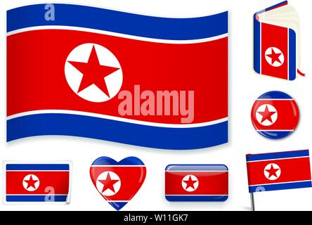 North Korea. North Korean national flag. Vector illustration. 3 layers. Shadows, flat flag, lights and shadows. Collection of 220 world flags. Accurate colors. Easy changes. Stock Vector