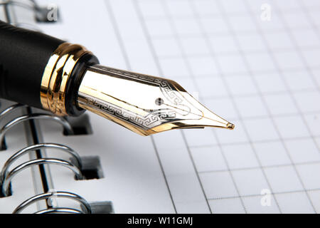 fountain pen on the notepad with paper in a cage closeup Stock Photo