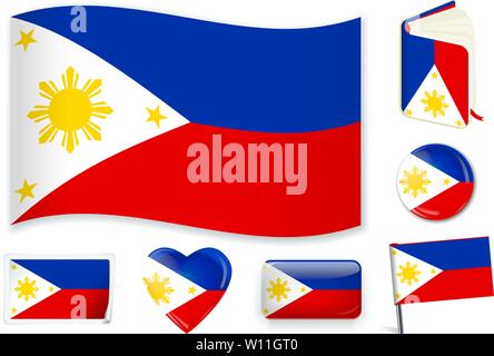 Philippines national flag. Vector illustration. 3 layers. Shadows, flat flag, lights and shadows. Collection of 220 world flags. Accurate colors. Easy changes. Stock Vector