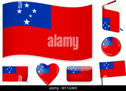 Samoa. Samoan national flag. Vector illustration. 3 layers. Shadows, flat flag, lights and shadows. Collection of 220 world flags. Accurate colors. Easy changes. Stock Vector