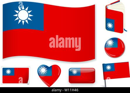 Taiwan. Taiwanese national flag. Vector illustration. 3 layers. Shadows, flat flag, lights and shadows. Collection of 220 world flags. Accurate colors. Easy changes. Stock Vector