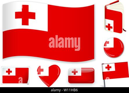 Tonga national flag. Vector illustration. 3 layers. Shadows, flat flag, lights and shadows. Collection of 220 world flags. Accurate colors. Easy changes. Stock Vector