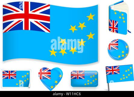 Tuvalu national flag. Vector illustration. 3 layers. Shadows, flat flag, lights and shadows. Collection of 220 world flags. Accurate colors. Easy changes. Stock Vector