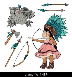 POCAHONTAS OWL American Native Red Skinned Indian Princess Vector Illustration Set for Print Fabric and Decoration Stock Vector