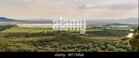 Logrosan, Extremadura, Spain - March 23, 2019: Views of Solaben, the Logrosan thermosolar plant currently managed by the company Atlantica Yield, surr Stock Photo