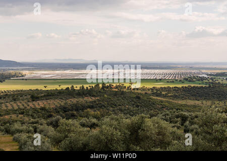 Logrosan, Extremadura, Spain - March 23, 2019: Views of Solaben, the Logrosan thermosolar plant currently managed by the company Atlantica Yield, surr Stock Photo