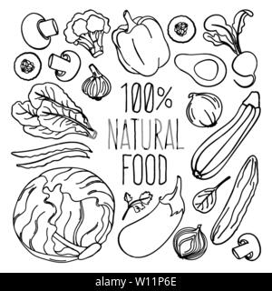 VEGETABLES MONOCHROME Vegetarian Diet Proper Nutrition Vector Illustration Set for Print Fabric and Decoration Stock Vector