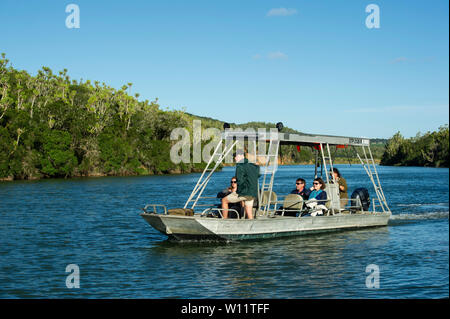 Tourist boat on the Kariega River, Sibuya Game Reserve, South Africa Stock Photo