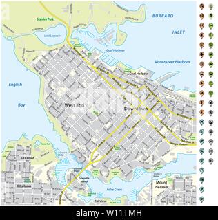street map of downtown Vancouver with pin pointers and infrastructure icons Stock Vector