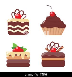 Cakes, set. Cookies and biscuits icons. Various pastry snack food. Chocolate and vanilla cookies with creame and berries. Stock Vector