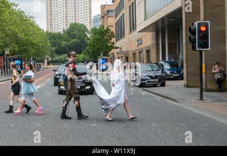 Glasgow, Scotland, UK. 29th June, 2019. Cosplayers arriving at the Glasgow Comic Con which is held in The Royal Concert Hall and is celebrating it's 9th anniversary. Credit: Skully/Alamy Live News Stock Photo