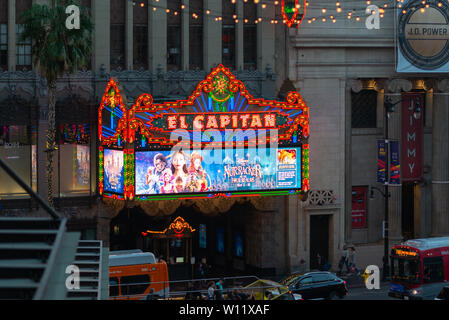 LA, USA - 31ST OCTOBER 2018: The famous El Capitan on Hollywood Boulevard lit up on an evening for tourists Stock Photo