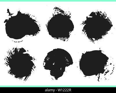 Brush strokes. Vector paintbrush set. Round grunge design elements. Frames for text. Dirty texture banners. Ink splatters. Painted objects. Stock Vector
