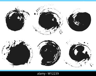 Brush strokes. Vector paintbrush set. Round grunge design elements. Frames for text. Dirty texture banners. Ink splatters. Painted objects. Stock Vector