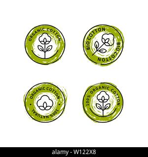 Set of Natural Organic Cotton Liner labels and badges - Vector Round green Icon, Sticker, Logo, Stamp, Tag Cotton Flower Isolated on White Background - Natural Cloth Logo Plants Stamp Organic Textiles Stock Vector
