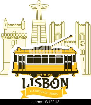 Old Lisbon tram and cityscape of city, Portugal landmarks, tramway in Lisbon Stock Vector