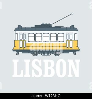 Vintage tram - symbol of Lisbon, Portugal, tramway in Lisbon, side view Stock Vector