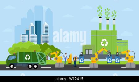 Green city and waste management landscape. Vector of a profitable recycling factory and automated robot sorting process on a background of eco friendl Stock Vector