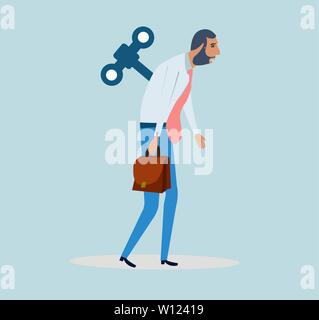Vector of a businessman walking with a wind up key mechanism tired of his job. Stock Vector