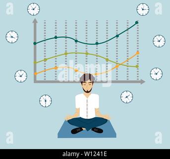 Vector of a man meditating. Young guy relaxing in lotus position. Stock Vector