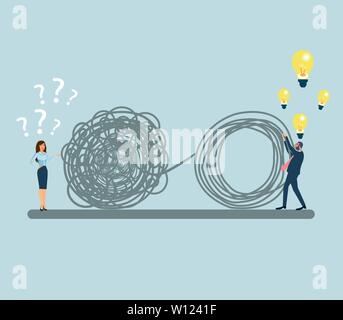 Psychotherapy concept. Vector of a confused woman with many questions and a man solving her problems offering solution ideas Stock Vector