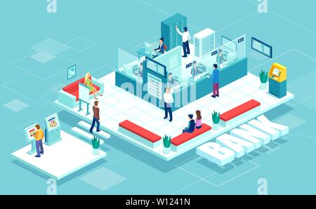 Isometric vector of bank interior branch with working employees, clients business people, financial advisor, cashiers, atm Stock Vector