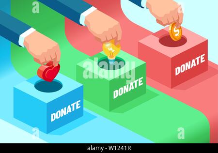 Vector of businessmen hands contributing money, ideas, moral support: coin, light bulb and heart into the fundraising box. Concept of donation for soc Stock Vector