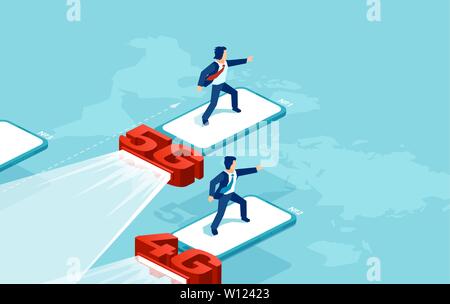 Isometric vector of a 5G network system and internet competing with 4G. Modern fast speed wireless technology concept Stock Vector