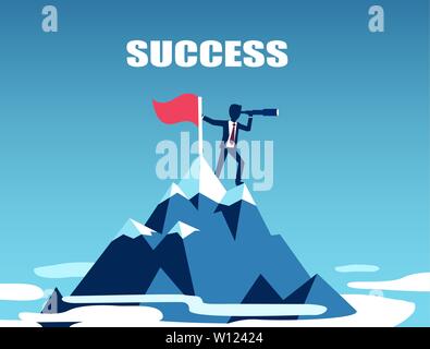 Vector of a businessman standing on top of the mountain using telescope looking for success Stock Vector