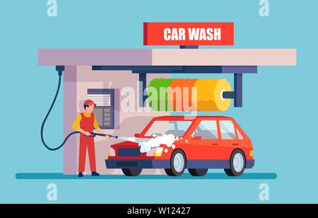 Car washing service. Vector of a man in an uniform washing red car with soap and water. Stock Vector