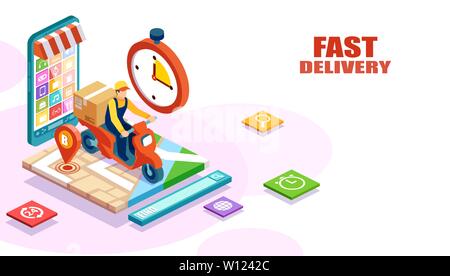Isometric vector of fast and free delivery by man riding a scooter of an order made online. E-commerce concept Stock Vector