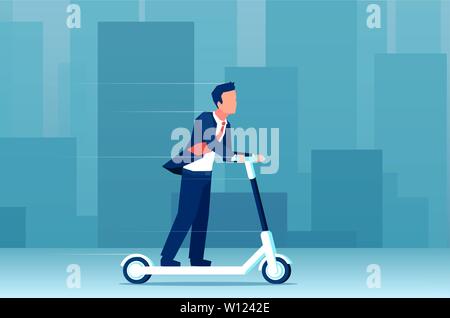 Vector of a young business man riding an electric scooter on a modern cityscape background. Ecology and green transport concept. Stock Vector