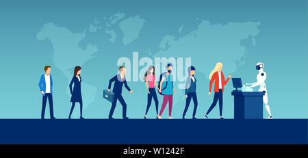 Vector of diverse people waiting in long queue with robot standing at counter on world map background Stock Vector