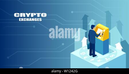 Isometric vector of a modern bitcoin ATM, cash dispenser and a businessman buying or selling bitcoins Stock Vector