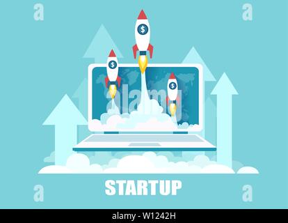Vector of rockets flying up out of laptop screen as a symbol of successful launch of online startup